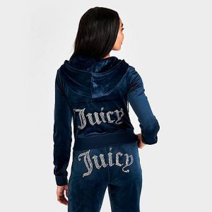 Juicy Couture Women&apos;s OG Big Bling Velour Zip-Up Hoodie in Blue/Navy Size XL Polyester/Velvet/Spandex - 5887226