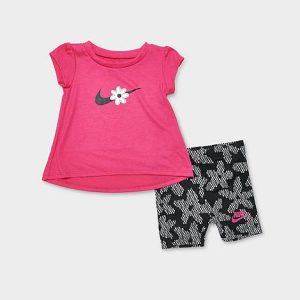 Nike Girls&apos; Infant Daisy T-Shirt and Bike Shorts Set in Black/Pink/Rush Pink Size 12 M Polyester/Microfiber/Jersey - 5811575