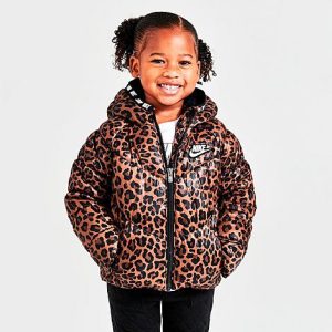Nike Girls&apos; Toddler Printed Hooded Puffer Jacket in Animal Print/Archaeo Brown Size 4 T Polyester - 5887262
