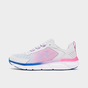 Under Armour Big Kids&apos; Assert 9 Running Shoes (Wide Width) in Blue/Pink/White/Halo Gray Size 3.5 Leather - 3209618