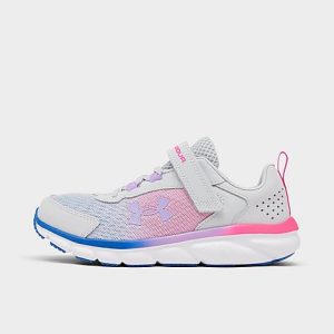 Under Armour Little Kids&apos; Assert 9 Running Shoes (Wide Width) in Blue/Pink/White/Halo Gray Size 1.0 Leather - 3175239