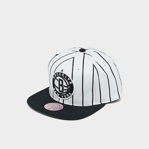 Mitchell And Ness Brooklyn Nets NBA Pinstripe Snapback Hat in White/White Polyester/Wool - 8205123