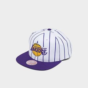 Mitchell And Ness Los Angeles Lakers NBA Pinstripe Snapback Hat in White/White Polyester/Wool - 8205124