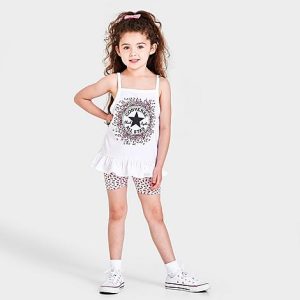 Nike Girls&apos; Little Kids&apos; Converse Peplum Tank Top and Bike Shorts Set in White/Pink/White Size 6 Jersey - 5839579