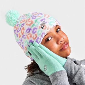 Nike Girls&apos; Toddler Leopard Print Beanie and Mittens Set in Green/Mint Foam Size 8-20 Fleece - 8205945