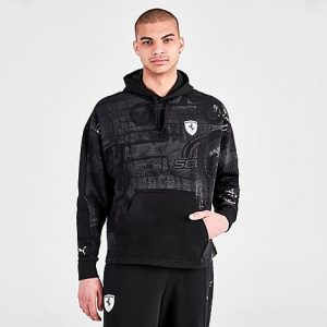 Puma Men&apos;s Scuderia Ferrari Race All-Over Print Pullover Hoodie in Black/Black Size Medium Cotton - 5780831