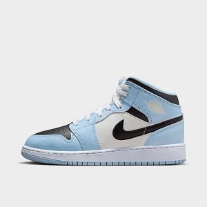 Jordan Girls&apos; Big Kids&apos; Air Retro 1 Mid Casual Shoes in Blue/Ice Blue Size 6.5 Leather - 3218961