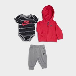 Nike Boys&apos; Infant Striped 3-Piece Full-Zip Hoodie and Jogger Pants Set in Red/Black/Grey/Cool Grey Size 6 M Cotton/Polyester/Knit - 5843327