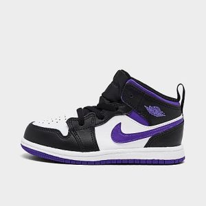 Jordan Kids&apos; Toddler 1 Mid Casual Shoes in Black/White/Purple/Black Size 10.0 Leather - 3169606