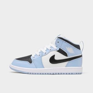 Jordan Girls&apos; Little Kids&apos; Air Retro 1 Mid Casual Shoes in Blue/Ice Blue Size 11.0 Leather - 3221986
