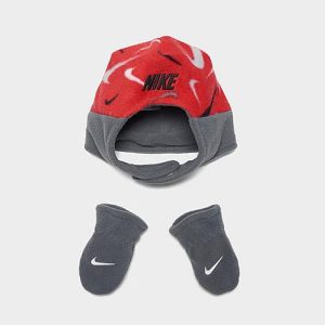 Nike Boys&apos; Infant Fleece Trapper Hat and Mittens Set in Red/Grey/University Red Size 12-24 - 8202973