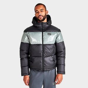 Emporio Armani Men&apos;s EA7 Shiny Puffer Bomber Jacket in Grey/Black Size 2XL 100% Polyester - 5880533
