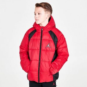 Jordan Boys&apos; Flight Puffer Jacket in Red/Red Size Large Fleece - 5783217
