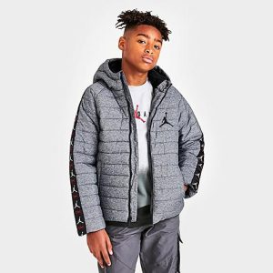 Jordan Kids&apos; Jordan Jumpman Taped Puffer Jacket in Grey/Heather Grey Size Medium - 5887302