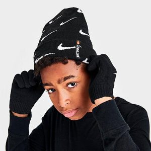 Nike Kids&apos; Swoosh Repeat Allover Print Beanie and Gloves Set in Black/Black Size 8-20 Acrylic - 8205041