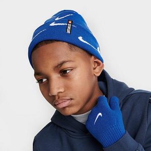 Nike Kids&apos; Swoosh Repeat Allover Print Beanie and Gloves Set in Blue/Game Royal Size 8-20 Acrylic - 8205940