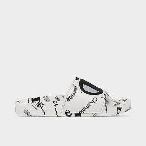 Champion Women&apos;s IPO Allover Logo Print Slide Sandals in White/White Size 10.0 Leather - 3527356