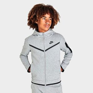 Nike Kids&apos; Sportswear Tech Fleece Full-Zip Hoodie in Grey/Dark Grey Heather Size XS 100% Cotton/Polyester/Fleece - 5691726