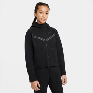 Nike Girls&apos; Sportswear Tech Fleece Full-Zip Hoodie in Black/Black Size Medium 100% Cotton/Polyester/Fleece - 5709339