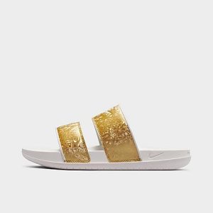 Nike Women&apos;s Offcourt Duo Slide Sandals in White/Metallic Gold Size 9.0 Leather - 3523268