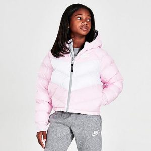 Nike Girls&apos; Sportswear Chevron Puffer Jacket in Pink/Pink Foam Size Large 100% Polyester/Fiber - 5721706