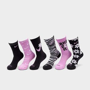 Nike Girls&apos; Big Kids&apos; Everyday Plus Cushioned Crew Socks (6-Pack) in Black/Pink/Multicolor Size Small Cotton/Nylon/Polyester - 8205861