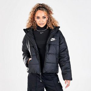Nike Women&apos;s Sportswear Therma-FIT Repel Hooded Classic Puffer Jacket in Black/Black Size XL 100% Polyester/Fleece/Fiber - 5722047