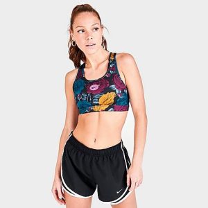 Nike Women&apos;s Swoosh Icon Clash Floral Medium-Support Non-Padded Strappy Sports Bra in Black/Black Size XS Polyester/Spandex - 5777363