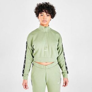 Nike Women&apos;s Sportswear Essential Tape Half-Zip Fleece Crop Sweatshirt in Green/Oil Green Size XS - 5749239