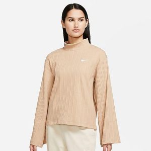 Nike Women&apos;s Sportswear Ribbed Jersey Long-Sleeve Top in Beige/Hemp Size Large Cotton/Spandex/Jersey - 5824131