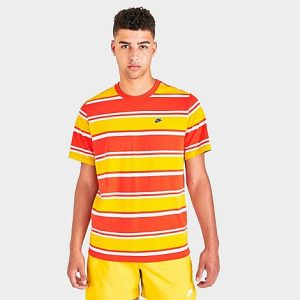 Nike Men&apos;s Sportswear Stripe T-Shirt in Red/Yellow/Team Orange Size Large 100% Cotton - 5813030
