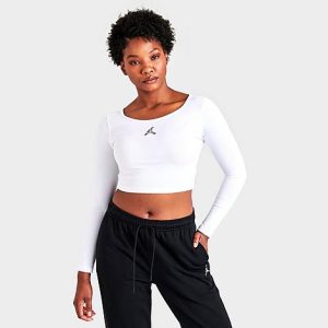 Jordan Women&apos;s Flight Cropped Long Sleeve T-Shirt in White/White Size XL Cotton/Polyester/Spandex - 5847102