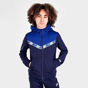 Nike Boys&apos; Sportswear Repeat Tape Full-Zip Hoodie in Blue/Blackened Blue Size Small Knit - 5778175