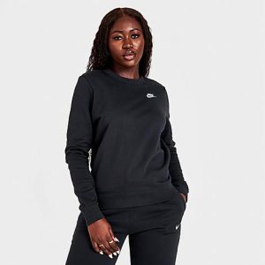 Nike Women&apos;s Sportswear Club Fleece Crewneck Sweatshirt in Black/ Size XL Cotton/Polyester/Fleece - 5846258