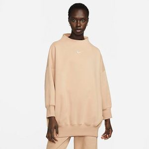 Nike Women&apos;s Sportswear Phoenix Fleece Over-Oversized Mock Neck Cropped Sleeve Sweatshirt in Brown/Hemp Size XL Cotton/Polyester/Fleece - 5819896