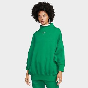 Nike Women&apos;s Sportswear Phoenix Fleece Over-Oversized Mock Neck Cropped Sleeve Sweatshirt in Green/Malachite Size Large Cotton/Polyester/Fleece - 5889274
