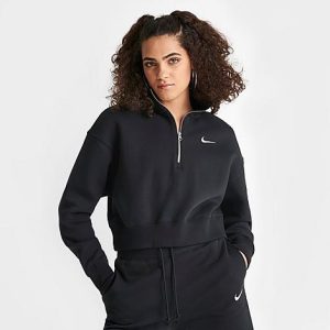 Nike Women&apos;s Sportswear Phoenix Fleece Oversized Half-Zip Crop Sweatshirt in Black/Black Size XL Cotton/Polyester/Fleece - 5820140