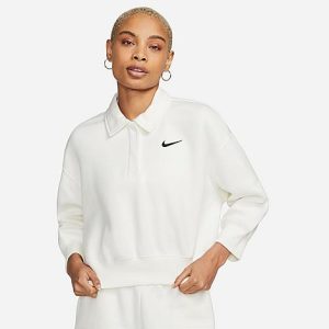 Nike Women&apos;s Sportswear Phoenix Fleece Three-Quarter Sleeve Crop Polo Sweatshirt in White/Sail Size Large Cotton/Polyester/Fleece - 5878572