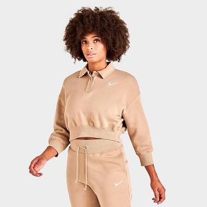 Nike Women&apos;s Sportswear Phoenix Fleece Three-Quarter Sleeve Crop Polo Sweatshirt in Beige/Hemp Size XL Cotton/Polyester/Fleece - 5818021
