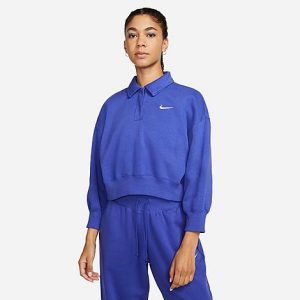 Nike Women&apos;s Sportswear Phoenix Fleece Three-Quarter Sleeve Crop Polo Sweatshirt in Blue/Lapis Size Large Cotton/Polyester/Fleece - 5878562