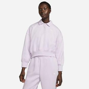 Nike Women&apos;s Sportswear Phoenix Fleece Three-Quarter Sleeve Crop Polo Sweatshirt in Purple/Doll Size XL Cotton/Polyester/Fleece - 5878568