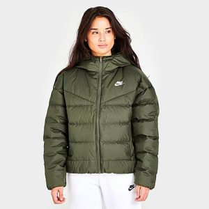 Nike Women&apos;s Sportswear Storm-FIT Windrunner Down Hooded Jacket in Green/Medium Olive Size XL 100% Polyester - 5818036