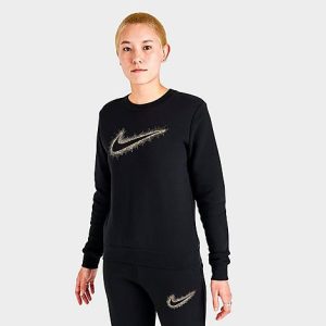 Nike Women&apos;s Sportswear Club Fleece Stardust Logo Crewneck Sweatshirt in Black/Black Size XS Cotton/Polyester/Fleece - 5847153