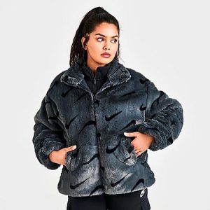 Nike Womens Sportswear Plush Fur All-over Print Jacket in Grey/Dark Smoke Grey Size Large 100% Polyester/Wool/Fur - 5848357