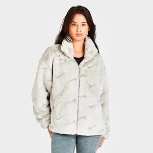 Nike Womens Sportswear Plush Fur All-over Print Jacket in Off-White/Light Bone Size XL 100% Polyester/Wool/Fur - 5847067