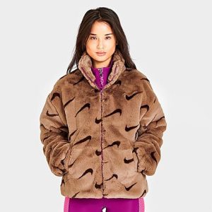 Nike Womens Sportswear Plush Fur All-over Print Jacket in Brown/Dark Driftwood Size XL 100% Polyester/Wool/Fur - 5846103