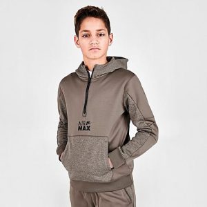 Nike Boys&apos; Sportswear Air Max Therma-FIT Half-Zip Fleece Hoodie in Green/Olive Grey Size XL 100% Polyester/Fleece - 5778186