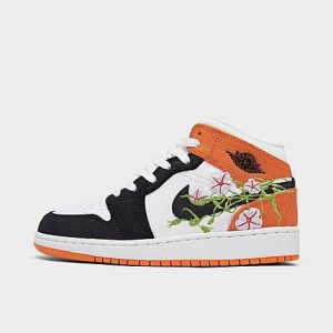 Big Kids&apos; Air Jordan Retro 1 Mid SE Casual Shoes in Black/Orange/White Size 6.0 Leather - 3218968