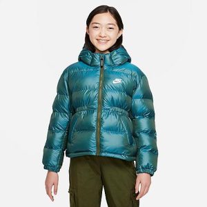 Nike Girls&apos; Sportswear Shine Puffer Jacket in Green/Rough Green Size XL Nylon/Polyester - 5888794