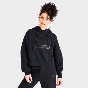 Nike Women&apos;s Sportswear Tech Fleece Over-Oversized Cropped Pullover Hoodie in Black/Black Size XL Cotton/Polyester/Fleece - 5817846